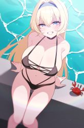 Rule 34 | 1girl, absurdres, bare arms, bare shoulders, bikini, black bikini, black choker, blonde hair, blue eyes, blurry, breasts, caustics, choker, cleavage, collarbone, from above, gluteal fold, grin, hairband, halterneck, halterneck, highres, large breasts, long hair, looking at viewer, looking up, multi-strapped bikini, navel, non-web source, novel illustration, official art, original, pn (wnsl216), pool, poolside, sitting, smile, solo, stomach, string bikini, swimsuit, thighs, very long hair, water, wet