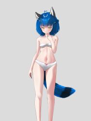 Rule 34 | 1girl, absurdres, ahoge, animal ears, belly, blue hair, bow, bow panties, breasts, closed mouth, commission, feet out of frame, grey background, hair ornament, highres, idol corp, knees up, looking at viewer, navel, panties, poko rakun, raccoon ears, raccoon tail, short hair, simple background, small breasts, tail, thighs, underwear, underwear only, virtual youtuber, white panties, yellow eyes