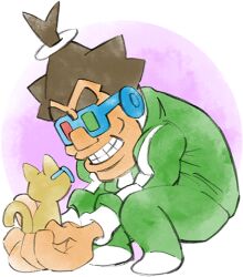 Rule 34 | 18-volt, 1boy, animal, brown hair, cat, green pants, green track suit, heterochromatic eyewear, holding, holding animal, long sleeves, looking at viewer, lowres, male focus, nintendo, official art, pants, squatting, takeuchi kou, third-party source, tinted eyewear, track pants, track suit, warioware, warioware: get it together!