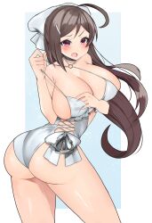 Rule 34 | 1girl, absurdres, breasts, brown hair, casual one-piece swimsuit, choker, cosplay, cowboy shot, criss-cross halter, flower, frilled swimsuit, frills, hair flower, hair ornament, hair ribbon, hairband, hairclip, halterneck, highleg, highleg swimsuit, highres, huge breasts, kantai collection, long hair, looking at viewer, mamiya (kancolle), one-piece swimsuit, pink eyes, pulling own clothes, ribbon, sagiri (kancolle), sagiri (kancolle) (cosplay), side-tie swimsuit, solo, strap pull, swimsuit, toeless footwear, toriniku senshi chikinman, waving, white choker, white one-piece swimsuit