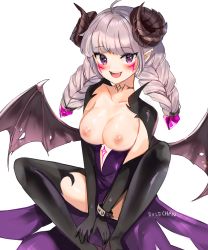 Rule 34 | 1girl, absurdres, bad id, bad pixiv id, blush, bracelet, braid, breasts, breasts out, demon girl, demon horns, demon wings, dolechan, dungeon and fighter, facial mark, happy, highres, horns, jewelry, looking at viewer, nipples, nyarly the forbidden, open mouth, pointy ears, purple eyes, silver hair, simple background, smile, solo, twin braids, white background, wings
