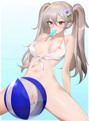 Rule 34 | 1girl, absurdres, alternate hairstyle, arm support, ball, beachball, bottomless, breasts, collarbone, corrin (female) (fire emblem), corrin (fire emblem), crop top, fire emblem, fire emblem fates, flower, food, food in mouth, grey hair, hair flower, hair ornament, highres, light blush, long hair, looking at viewer, medium breasts, navel, nintendo, nipples, pointy ears, popsicle, purple flower, pussy, red eyes, see-through, see-through shirt, shirt, simple background, sitting, solo, spread legs, tied shirt, twintails, uncensored, wet, wet clothes, wet shirt, white hair, yoru (yowuyoru)