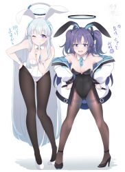 Rule 34 | 2girls, alternate costume, animal ears, between breasts, black footwear, black leotard, black pantyhose, blue archive, breasts, cleavage, collarbone, commentary request, detached collar, fake animal ears, finger to mouth, full body, grey hair, high heels, highres, hoshino ouka, index finger raised, jacket, large breasts, leotard, long hair, long sleeves, looking at viewer, multiple girls, necktie, necktie between breasts, noa (blue archive), off shoulder, one eye closed, open clothes, open jacket, open mouth, pantyhose, parted bangs, playboy bunny, purple eyes, purple hair, rabbit ears, sensei (blue archive), shushing, sidelocks, simple background, strapless, strapless leotard, thighband pantyhose, translation request, two-sided fabric, two-sided jacket, two side up, very long hair, white background, white jacket, white leotard, wrist cuffs, yuuka (blue archive)