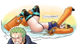 Rule 34 | 1boy, 1girl, green hair, highres, iury padilha, lying, on back, one eye closed, one piece, open mouth, roronoa zoro, scar, stomach, stretching, sword, tall female, thighs, thought bubble, tongue, vegapunk york, weapon, yawning
