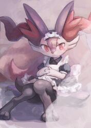 Rule 34 | 1girl, alternate color, animal ear fluff, animal ears, animal feet, animal hands, animal nose, apron, artist name, barefoot, black dress, black fur, blush, body fur, braixen, buttons, closed mouth, clothed pokemon, collared dress, creatures (company), dress, expressionless, feet, female focus, flat chest, fox ears, fox girl, fox tail, frilled apron, frilled dress, frills, full body, furry, furry female, game freak, gen 6 pokemon, hands on own stomach, highres, ikei, interlocked fingers, knees together feet apart, knees up, leaning back, looking at viewer, looking to the side, maid, maid apron, maid headdress, multicolored fur, nintendo, own hands together, pillow, pokemon, pokemon (creature), puffy short sleeves, puffy sleeves, purple fur, red eyes, shiny pokemon, short dress, short sleeves, signature, sitting, solo, split mouth, tail, white apron, white fur
