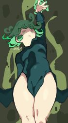Rule 34 | 1girl, absurdres, black dress, curly hair, dress, expressionless, feet out of frame, flipped hair, floating, green eyes, green hair, highres, one-punch man, side slit, signature, solo, tatsumaki, telekinesis, whoopsatro