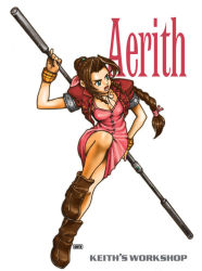 Rule 34 | 00s, 1girl, 2000s (style), aerith gainsborough, artist name, boots, bracelet, braid, breasts, brown hair, character name, choker, cleavage, cropped jacket, curly hair, dress, fighting stance, final fantasy, final fantasy vii, full body, hair ribbon, holding, holding weapon, jacket, jewelry, keith (keith&#039;s workshop), lower teeth only, materia, medium breasts, necklace, open mouth, parted bangs, pink dress, pink ribbon, red jacket, ribbon, sidelocks, solo, square enix, staff, teeth, unbuttoned dress, weapon, white background