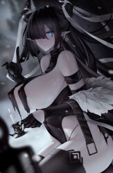 Rule 34 | 1girl, absurdres, areola slip, arknights, arm strap, bare shoulders, belt, binggong asylum, black gloves, black hair, blue eyes, breasts, candle, character request, demon horns, detached sleeves, earrings, gloves, hair over one eye, highres, holding, holding candle, horns, huge breasts, index finger raised, jacket, jacket partially removed, jewelry, long hair, paid reward available, pointy ears, sideboob, single earring, solo, thighhighs