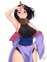 Rule 34 | 10s, 1girl, aori sora, arm up, armpits, bare shoulders, black hair, blue eyes, blush, breasts, closed mouth, dragon girl, dragon horns, elma (maidragon), glasses, gradient hair, groin, hand on own hip, highres, horns, japanese clothes, kimono, kobayashi-san chi no maidragon, large breasts, leotard, leotard under clothes, long sleeves, looking at viewer, multicolored hair, off shoulder, pelvic curtain, pink lips, salute, sash, scarf, short hair, signature, sleeveless, smile, solo, two-tone hair, white background, wide sleeves