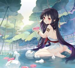 1girl absurdres ai_si_te_yisheng_tui armlet ass barefoot bird chinese_clothes duck duckling fantasy flower hanfu highres jewelry loli long_hair lotus lotus_leaf nipples no_panties on_liquid original outdoors oversized_plant pointy_ears pouch purple_hair sitting sitting_on_liquid soles very_long_hair wariza water