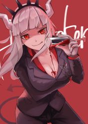 Rule 34 | 1girl, black jacket, black pants, black suit, blazer, blunt bangs, breasts, business suit, cleavage, closed mouth, crossed arms, crown, cup, demon girl, demon horns, english text, formal, gloves, helltaker, highres, holding, holding cup, horns, jacket, long hair, looking at viewer, lucifer (helltaker), medium breasts, mole, mole under eye, pants, red background, red eyes, red shirt, sakatsuki yakumo, shirt, silver hair, smile, solo, standing, suit, tongue, tongue out, white gloves