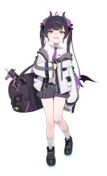 Rule 34 | 1girl, absurdres, antenna hair, backpack, bag, bandaid, bandaid on knee, bandaid on leg, black skirt, blush, breasts, collared shirt, crying, crying with eyes open, detached wings, full body, furrowed brow, gun, hair ornament, hairclip, high tops, highres, horns, jacket, long hair, long sleeves, looking at viewer, miniskirt, necktie, off shoulder, open mouth, original, pink eyes, purple necktie, shirt, shoes, skirt, small breasts, sneakers, socks, solo, tearing up, tears, tonki, twintails, weapon, white background, white jacket, white shirt, white socks, wings