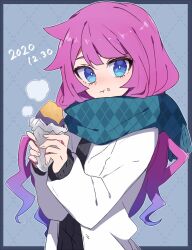 Rule 34 | 1girl, black sweater, blue eyes, eating, food, food in mouth, food on face, gradient hair, highres, jacket, kirishima romin, long hair, looking at viewer, multicolored hair, nanashiba (banntlla), open clothes, open jacket, purple hair, roasted sweet potato, scarf, steam, sweater, sweet potato, white jacket, yu-gi-oh!, yu-gi-oh! sevens