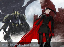 Rule 34 | 1girl, armor, artist name, black cape, black gloves, black hair, black pantyhose, black shirt, boots, breasts, cape, copyright name, fortress, furumi showichi, gloves, grey sky, halo, holding, holding sword, holding weapon, keivan, long hair, long sleeves, mecha, myufrae, outdoors, pale skin, pantyhose, pixiv fantasia, pixiv fantasia last saga, pointy ears, red cape, red eyes, red gloves, robot, shirt, sky, small breasts, snowing, standing, sword, thigh boots, thighhighs, twintails, watermark, weapon, web address