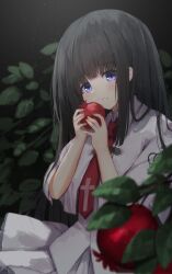 Rule 34 | 1girl, absurdres, black background, black hair, blue eyes, blunt bangs, blunt ends, blurry, blush, capelet, commentary, cross print, darkness, depth of field, food, fruit, hair spread out, hands up, highres, holding, holding food, holding fruit, leaf, light particles, long hair, looking at viewer, miniskirt, name connection, necktie, nodoameyatou, object namesake, parted lips, pomegranate, red necktie, school uniform, shirt, sidelocks, simple background, skirt, solo, straight hair, subarashiki hibi, takashima zakuro, very long hair, white capelet, white shirt, white skirt