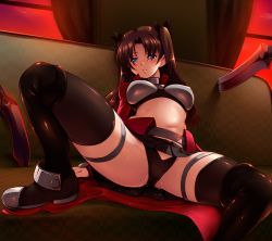 Rule 34 | 1girl, archer (fate), archer (fate) (cosplay), armor, black skirt, black thighhighs, blue eyes, blush, breastplate, breasts, brown hair, cosplay, fate/stay night, fate (series), female focus, highres, indoors, kanshou &amp; bakuya (fate), miniskirt, navel, official alternate costume, pussy juice, saliva, sitting, skirt, smile, solo, spread legs, sword, taru neko, thighhighs, tohsaka rin, two side up, weapon