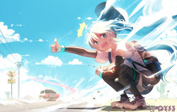 Rule 34 | 1girl, ^^^, backpack, bag, baseball cap, black shorts, black sleeves, black thighhighs, blue eyes, blue hair, blue sky, brown footwear, cactus, car, cloud, commentary request, day, detached sleeves, hair between eyes, hat, hatsune miku, highres, hitchhiking, long hair, long sleeves, looking at viewer, motor vehicle, outdoors, power lines, qys3, road sign, shirt, shoes, short shorts, short sleeves, shorts, sign, signature, sky, sneakers, solo, squatting, taxi, thighhighs, thumbs up, unworn hat, unworn headwear, utility pole, very long hair, vocaloid, white hat, white shirt, wide sleeves, wind