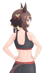Rule 34 | 1girl, absurdres, alternate costume, animal ears, ass, back, bare shoulders, black leggings, black sports bra, braided hair rings, breasts, brown hair, cai ji (user jmrv4342), closed mouth, clothing cutout, commentary request, ear covers, ear ornament, from behind, gentildonna (umamusume), hands on own hips, highres, horse ears, horse girl, horse tail, lats, leggings, medium breasts, medium hair, midriff, muscular, red eyes, simple background, smile, solo, sports bra, tail, tail through clothes, umamusume, white background