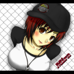 Rule 34 | 1girl, arms behind back, bad id, bad pixiv id, bandaid, baseball cap, blush, border, breasts, chain-link fence, collarbone, dead or alive, dead or alive 5, fence, hat, jewelry, key, large breasts, leaning forward, looking at viewer, mila (doa), necklace, northern taro, raglan sleeves, red eyes, red hair, short hair, solo, tecmo