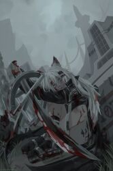 Rule 34 | 1girl, absurdres, animal ears, arknights, blood, blood on clothes, blood on face, flying-frappuccino, grey eyes, highres, lappland (arknights), long hair, looking at viewer, ruins, sitting, smile, solo, tail, white hair, wolf ears, wolf girl, wolf tail