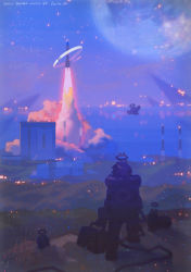 Rule 34 | 1boy, absurdres, backpack, bag, black hair, blue sky, boots, building, creature, dated, eromkk, from behind, full moon, halo, highres, holding, holding bag, launching, moon, original, outdoors, rocket, rocket launcher, scenery, short hair, signature, silhouette, sky, smoke, solo, standing, star (sky), starry sky, twitter username, weapon