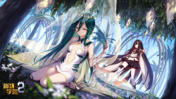 Rule 34 | 2girls, bare shoulders, barefoot, benghuai xueyuan, black hair, breasts, copyright name, delta (benghuai xueyuan), detached sleeves, energy wings, floating, green eyes, hair between eyes, halo, highres, honkai (series), insect wings, logo, long hair, multicolored hair, multiple girls, mushoku kika, navel, official art, open mouth, outdoors, red eyes, sandals, second-party source, sitting, skirt, small breasts, thighhighs, tree, two-tone hair, wariza, wings, yellow eyes