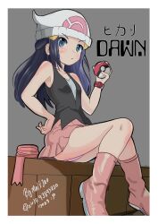 Rule 34 | 1girl, 2023, absurdres, artist request, ass, beanie, blonde hair, blue eyes, blush, breasts, character name, creatures (company), dated, dawn (pokemon), game freak, hat, highres, holding, holding poke ball, long hair, melissa 2.0, nintendo, panties, pink panties, poke ball, pokemon, pokemon dppt, sitting, small breasts, thick thighs, thighs, underwear, wide hips