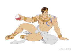 Rule 34 | 1boy, abs, arm tattoo, bara, black hair, brown eyes, character request, chest tattoo, crown, cup, dungeon and fighter, holding, holding cup, large pectorals, male focus, muscular, muscular male, my eight, navel, nipples, pectorals, sandals, short hair, simple background, smile, solo, tattoo, teeth, thick thighs, thighs, white background
