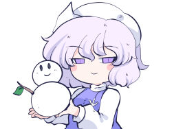 Rule 34 | 1girl, blue vest, blush stickers, chahan (fried rice0614), closed mouth, hair between eyes, hat, letty whiterock, light purple hair, long sleeves, one-hour drawing challenge, purple eyes, shirt, short hair, simple background, smile, snowman, solo, touhou, upper body, vest, white background, white hat, white shirt