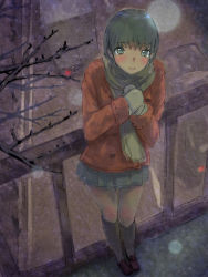 Rule 34 | 1girl, bad id, bad pixiv id, blush, cold, female focus, from above, full body, jacket, mittens, mole, mole under eye, nature, nimirom, original, outdoors, scarf, skirt, snow, socks, solo