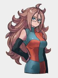 Rule 34 | 1girl, android 21, black-framed eyewear, black sleeves, blue eyes, brown hair, checkered clothes, checkered dress, detached sleeves, dragon ball, dragon ball fighterz, dress, glasses, grey background, kemachiku, long hair, looking at viewer, simple background, solo