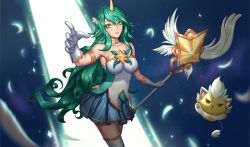 Rule 34 | 1girl, absurdres, alternate costume, alternate eye color, alternate hair color, alternate hairstyle, breasts, familiar, gloves, green hair, highres, horns, league of legends, long hair, magical girl, single horn, solo, soraka (league of legends), star guardian (league of legends), star guardian soraka, thighhighs, very long hair, white gloves, white thighhighs, white wings, wings
