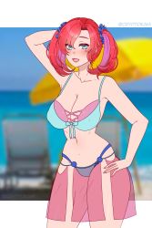 Rule 34 | 1girl, absurdres, arm behind head, beach, blue eyes, breasts, cleavage, digimon, digimon story: cyber sleuth, hand on own hip, highres, large breasts, looking at viewer, navel, shiramine nokia, solo, swimsuit, twintails