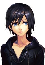 Rule 34 | 1girl, black coat, black coat (kingdom hearts), blue eyes, closed mouth, coat, frown, hair between eyes, hungry clicker, kingdom hearts, kingdom hearts 358/2 days, short hair, solo, white background, xion (kingdom hearts), zipper