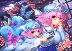 Rule 34 | 2girls, age difference, bad id, bad pixiv id, breasts, bug, butterfly, child, dual persona, female focus, flower, hat, bug, ko-yuyuko (shin&#039;en), large breasts, moon, mother and daughter, multiple girls, night, open mouth, pink hair, red eyes, saigyouji yuyuko, shin&#039;en (gyokuro company), short hair, smile, touhou, triangular headpiece