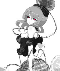 Rule 34 | 1girl, bare shoulders, breasts, chain, collar, eyebrows, greyscale, hecatia lapislazuli, highres, looking at viewer, medium breasts, monochrome, no bra, off-shoulder shirt, off shoulder, pleated skirt, pointy ears, raptor7, red eyes, shirt, short hair, sideboob, simple background, skirt, solo, spot color, touhou, upper body, white background