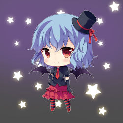 Rule 34 | 1girl, alternate costume, bat wings, blouse, blue hair, blush, chibi, collared shirt, elbow gloves, gloves, gothic lolita, hat, lolita fashion, looking at viewer, mini hat, mini top hat, necktie, pantyhose, puffy short sleeves, puffy sleeves, red eyes, remilia scarlet, shirt, short hair, short sleeves, skirt, smile, solo, striped clothes, striped pantyhose, swami, top hat, touhou, tsurime, wings