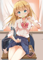 Rule 34 | 1girl, bag, blonde hair, blue eyes, blue skirt, blush, bow, bowtie, candy, clothes lift, food, itachi maki, lollipop, long hair, looking at viewer, original, panties, sitting, sitting on table, skirt, skirt lift, solo, table, underwear