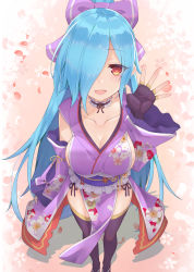 Rule 34 | .live, 1girl, ashisi, bad id, bad pixiv id, blue hair, blush, bow, breasts, cleavage, collarbone, detached collar, detached sleeves, feet out of frame, frilled kimono, frills, hair bow, hair over one eye, hair ribbon, hand up, high ponytail, highres, japanese clothes, kimono, large breasts, long hair, long sleeves, looking at viewer, medium breasts, obi, open mouth, pelvic curtain, ponytail, purple bow, purple kimono, red eyes, ribbon, sash, sideboob, sidelocks, smile, solo, standing, very long hair, virtual youtuber, wide sleeves, yamato iori