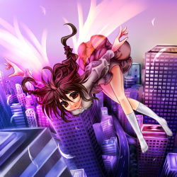 Rule 34 | 1girl, braid, brown hair, city, commentary, falling, feathers, female focus, full body, kneehighs, legs, long hair, madotsuki, monikano, outdoors, red eyes, skirt, sky, socks, solo, spoilers, suicide, thighhighs, twin braids, white socks, wings, yume nikki