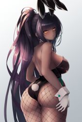 Rule 34 | 1girl, animal ears, ass, backless outfit, bare arms, bare shoulders, black leotard, black pantyhose, blue archive, blush, breasts, dark-skinned female, dark skin, fishnet pantyhose, fishnets, from behind, gloves, gradient background, grey background, kangaruu (momotk1109), karin (blue archive), karin (bunny) (blue archive), large breasts, leotard, long hair, looking at viewer, pantyhose, parted lips, playboy bunny, ponytail, rabbit ears, simple background, thighs, white gloves, wrist cuffs, yellow eyes