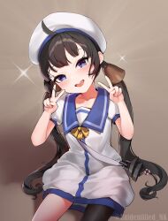 Rule 34 | 1girl, ahoge, black hair, black pantyhose, blue eyes, blush, double v, dress, hat, highres, kaiboukan no. 22 (kancolle), kantai collection, long hair, looking at viewer, open mouth, pantyhose, sailor dress, sailor hat, short sleeves, single leg pantyhose, smile, solo, twintails, twitter username, unidentified nk, v, white dress, white hat