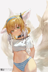 Rule 34 | 1girl, absurdres, animal ears, arknights, black choker, blonde hair, blouse, blue panties, braid, braided hair rings, choker, commentary request, cowboy shot, crop top, dm (dai miao), fox ears, fox tail, green eyes, grey background, highres, infection monitor (arknights), long hair, looking at viewer, midriff, multicolored hair, multiple tails, navel, panties, shirt, short sleeves, simple background, solo, standing, stomach, striped clothes, striped panties, suzuran (arknights), tail, tied shirt, underwear, white hair, white shirt