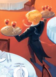 1boy back blonde_hair chair cigarette commentary crimcres cup facial_hair flower fork from_above goatee highres holding holding_plate knife male_focus one_piece plate sanji_(one_piece) shadow short_hair smoke solo table tailcoat white_flower