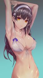 Rule 34 | 1girl, absurdres, armpits, arms behind head, arms up, bad id, bad pixiv id, bare shoulders, bikini, black hair, blunt bangs, breasts, cleavage, collarbone, commentary request, flower, franz (217franz), front-tie bikini top, front-tie top, girls&#039; frontline, groin, hairband, highres, large breasts, long hair, looking at viewer, navel, official alternate costume, solo, stomach, swimsuit, type 95 (girls&#039; frontline), type 95 (summer cicada) (girls&#039; frontline), white bikini, white hairband, yellow eyes