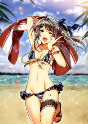 Rule 34 | 00s, 1girl, ;d, absurdres, arm up, bare shoulders, beach, bikini, blue bikini, blue sky, blurry, bracelet, breasts, brown eyes, cherry blossoms, cleavage, cloud, day, depth of field, highres, jewelry, leg up, licorice nelson, long hair, murakami yuichi, navel, ocean, one eye closed, open mouth, outdoors, petals, sandals, senjou no valkyria (series), senjou no valkyria 2, side ponytail, silver hair, sky, small breasts, smile, solo, swimsuit, thigh gap, thigh strap, v, water, water drop, wink