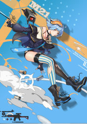 Rule 34 | 1girl, absurdres, ahoge, assault rifle, asymmetrical legwear, bad id, bad pixiv id, bare shoulders, black thighhighs, blue hair, boots, breasts, character name, choker, cleavage, collarbone, commentary request, copyright name, dinergate (girls&#039; frontline), eyewear on head, fingerless gloves, full body, girls&#039; frontline, gloves, goggles, goti (gotie23), gun, highres, kalashnikov rifle, looking at viewer, mouth hold, nail polish, off shoulder, orange eyes, rifle, sangvis ferri, short hair, skindentation, smoke, striped clothes, striped thighhighs, thighhighs, torn clothes, torn legwear, uneven legwear, vertical-striped clothes, vertical-striped thighhighs, weapon, zas m21 (girls&#039; frontline), zastava m21