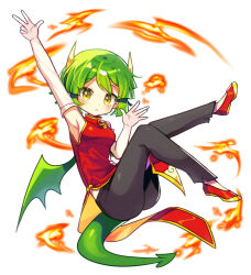 Rule 34 | 1girl, absurdres, arm up, black pants, breasts, china dress, chinese clothes, closed mouth, draco centauros, dragon girl, dragon horns, dragon tail, dragon wings, dress, elbow gloves, fire, gloves, green hair, highres, horns, looking at viewer, medium breasts, offbeat, pants, pointy ears, puyopuyo, red dress, red footwear, short hair, simple background, sleeveless, sleeveless dress, solo, tail, v, white background, white gloves, wings