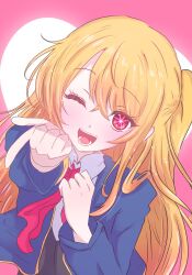 Rule 34 | 1girl, ;d, blonde hair, blue jacket, bow, bowtie, collared shirt, commentary request, cropped jacket, giorgio (yo sumire sola1), hair between eyes, highres, hoshino ruby, jacket, long hair, long sleeves, looking at viewer, one eye closed, one side up, open mouth, oshi no ko, pink background, pink bow, pink bowtie, pink eyes, pointing, pointing at viewer, school uniform, shirt, sidelocks, smile, solo, sparkle, star-shaped pupils, star (symbol), symbol-shaped pupils, upper body, white shirt, youtou high school uniform