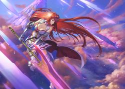 Rule 34 | 1girl, armor, armored boots, bare shoulders, blue eyes, boots, breasts, cleavage, closed mouth, cloud, commentary request, detached collar, gauntlets, godsworn alexiel, granblue fantasy, hair between eyes, hair ornament, highres, holding, holding weapon, large breasts, leg armor, long hair, pleated skirt, red hair, skirt, sky, solo, thighhighs, thighs, very long hair, wasabi60, weapon, white skirt